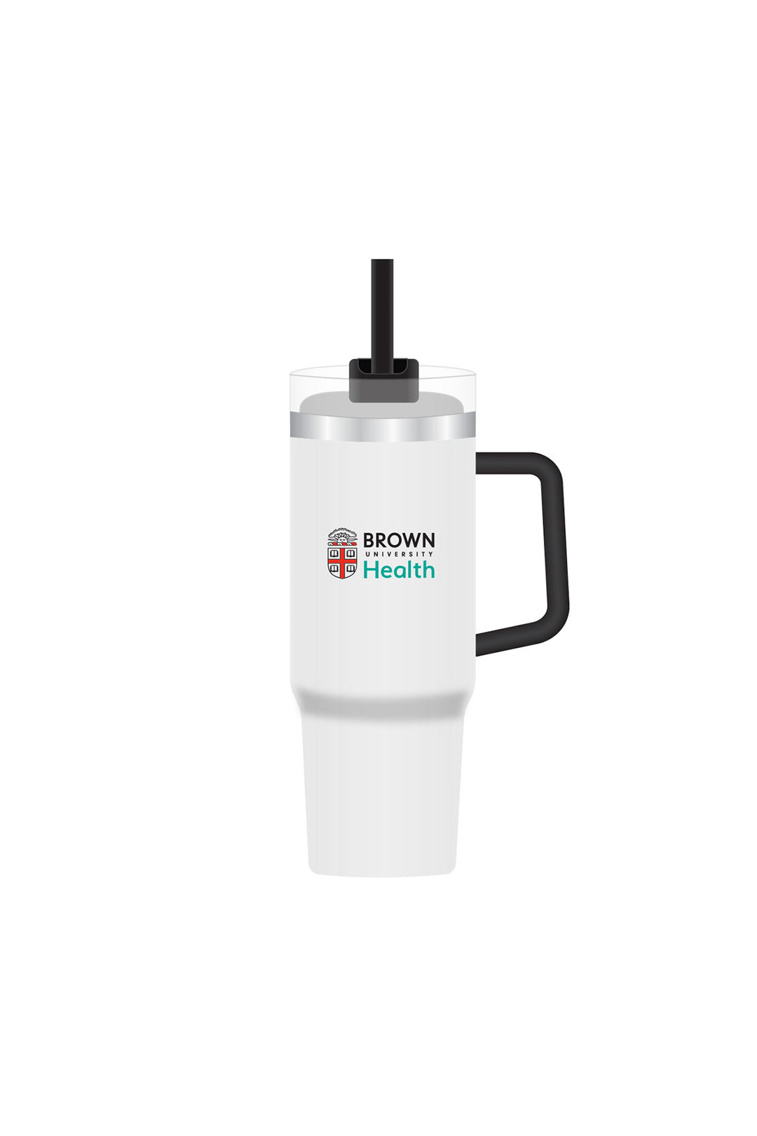 White insulated mug with handle and straw lid featuring 'Brown University Health' logo on a white background